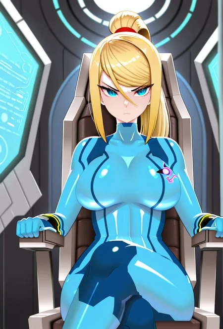 masterpiece, best quality, absurdres, 1girl, solo, <lora:Kasniff_r1:1>, Kasniff, samus aran, zero suit, indoors, spaceship, chair, sitting, crossed legs, serious expression