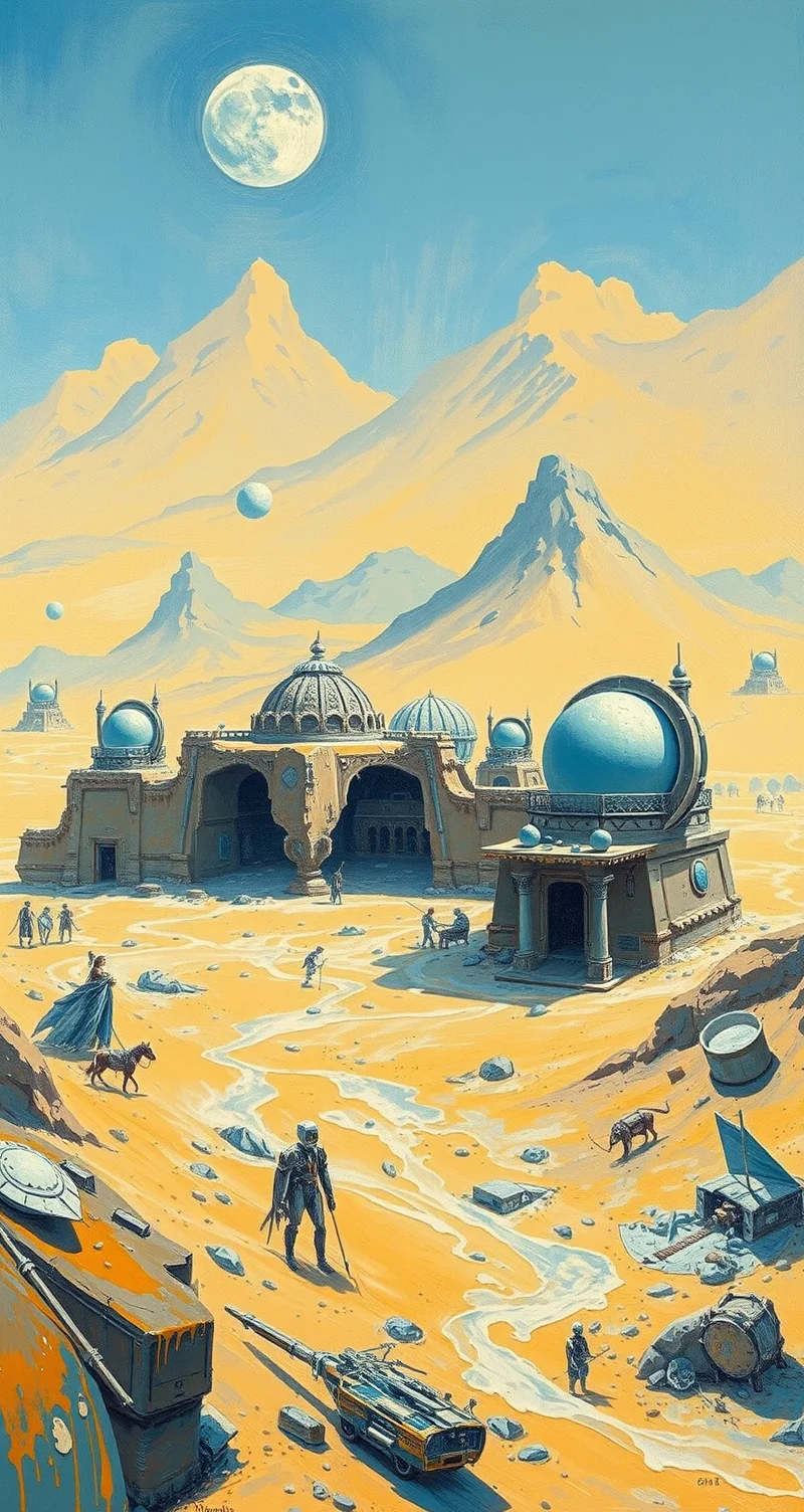 <lora:kallmekris:0.5> kallmekris mixed with <lora:esme_sdxl:0.5> esme , blue, white and yellow color, blue color tone, Background is stunning alien desert, desert village scenery, desert planet, new planet, alien settlement, alien world detailed and intricate environment, oil painting, palette knife soft brushstrokes, heavy strokes, dripping paint, art station on trend, sharp focus, intricate details, highly detailed ,art by enki bilal, art by philippe druillet, art by moebius, inspired by french comics art ,art by Jakub Rozalski, 1920+ Poland