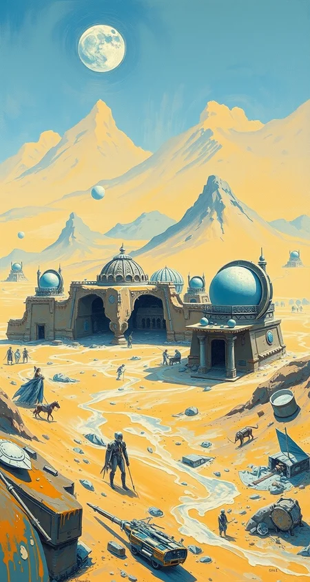 <lora:kallmekris:0.5> kallmekris mixed with <lora:esme_sdxl:0.5> esme , blue, white and yellow color, blue color tone, Background is stunning alien desert, desert village scenery, desert planet, new planet, alien settlement, alien world detailed and intricate environment, oil painting, palette knife soft brushstrokes, heavy strokes, dripping paint, art station on trend, sharp focus, intricate details, highly detailed ,art by enki bilal, art by philippe druillet, art by moebius, inspired by french comics art ,art by Jakub Rozalski, 1920+ Poland