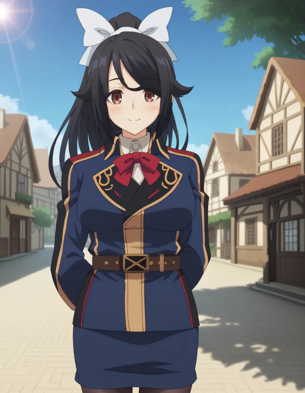 score_9
BREAK
chloe_olis, 1girl, solo, black hair, high ponytail, white bow, brown eyes, eyes visible through hair, military uniform, blue jacket, white shirt, red bowtie, brown belt, blue skirt, black pantyhose, looking at viewer, blush, smile, (arms behind back:1.1)
BREAK
building, town, fantasy, blue sky, sunlight
<lora:chloe_NagekiNoBoureiWaIntaiShitai_ponyxl_v1_char:1> <lora:chloe_NagekiNoBoureiWaIntaiShitai_ponyxl_v1_style:1>