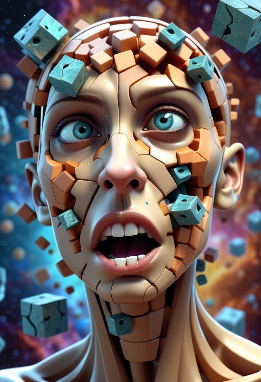 Human anatomy, fragmented body parts, 3d cube fragmentation of body, cubes and orbs breaking off face,  one face, one nose, one mouth, cgi surreal masterpiece, vibrant colors, rim lighting, mechanical fragmentation, biosphere decomposition, high detail, floating parts, detailed cosmic background, fractal art, galaxy light vision, 16k, Astral concept art, sharp lines,, Miki Asai Macro photography, close-up, hyper detailed, trending on artstation, sharp focus, studio photo, intricate details, highly detailed, by greg rutkowski