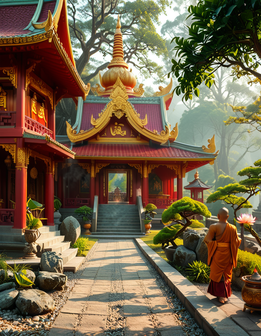 A majestic Buddhist temple nestled in a lush, misty mountain landscape. The temple features traditional curved rooftops with golden ornaments, intricate wooden carvings, and red and gold-painted walls. Large prayer flags in vibrant colors flutter in the wind, adding a spiritual atmosphere. A long stone staircase, partially covered in moss, leads to the main entrance, where a pair of large guardian statues stand watch. The scene is bathed in soft morning light, with gentle rays filtering through the mist, creating a serene and mystical ambiance. The background consists of towering green mountains and a sky with soft pastel hues. In the foreground, a Buddhist monk in deep orange robes walks peacefully along a stone pathway, holding a string of prayer beads. The overall composition conveys a sense of tranquility, spirituality, and harmony with nature.
<lora:SDXLFaeTastic2400:0.4> <lora:extremely_detailed:0.4> extremely detailed,<lora:Buddhist_t3mpl3:1>,Buddhist t3mpl3, Masterpiece,best quality,hi res,8k,hi res,8k,award winning,(sharp focus, intricate, highly detailed),