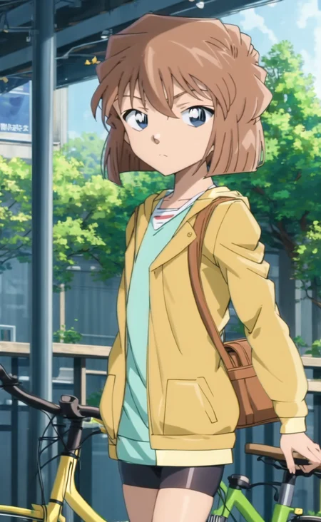 haibaratv,1girl, solo, anime screencap,brown hair,short hair,jacket,,, zitome, ,(expressionless, clear face:1.1),
aquarium, indoors,
bicycle, ground vehicle, looking at viewer, ring, blurry, bag, blurry background, lips, long sleeves, leaning forward, outdoors, realistic, shirt, shoulder bag
(,facing away, looking away, looking afar, looking at another, looking to the side:1.1), cowboy shot,
<lora:haibaraAiAnimeStyle_v1:0.8:N78=disable_IN07-08>