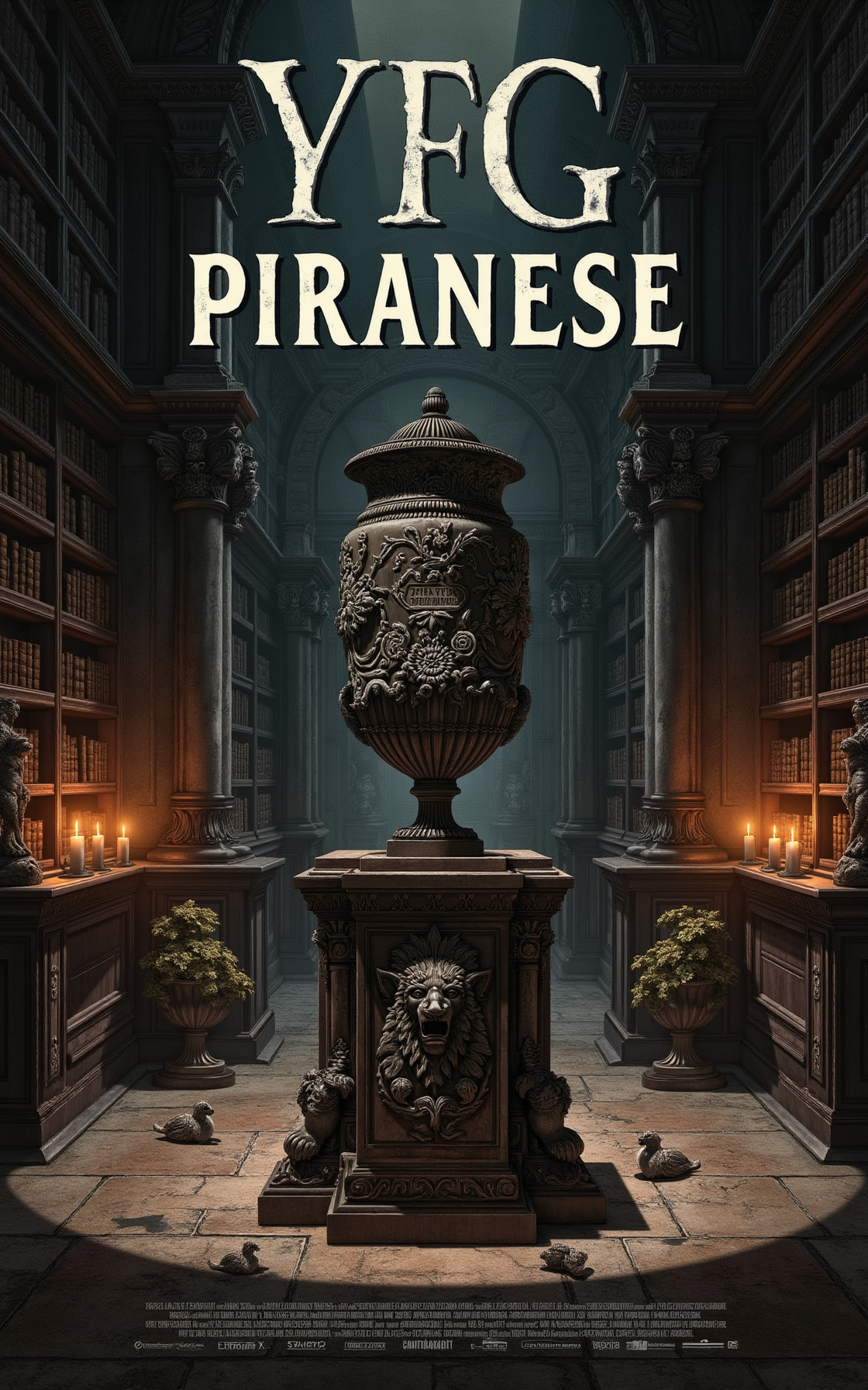 YFG-Pira. (((Large poster style title with the words "YFG Piranese":2))), Create an image of a dimly lit, 18th century-inspired study with rows of dusty bookshelves and ornate stone walls, illuminated only by a faint glimmer of candlelight casting deep shadows; in the center of the room, a beautifully crafted, antique Italian vase stands atop a worn, wooden pedestal, its delicate etched patterns reflecting off the soft glow of the candles as it casts a long, ominous shadow across the floor towards a Gothic-style stone fountain in the background, where water gently flows from the mouth of a carved lion's head into a small pool surrounded by intricately patterned flower pots and statues; the overall mood is one of aged grandeur and subtle decay.