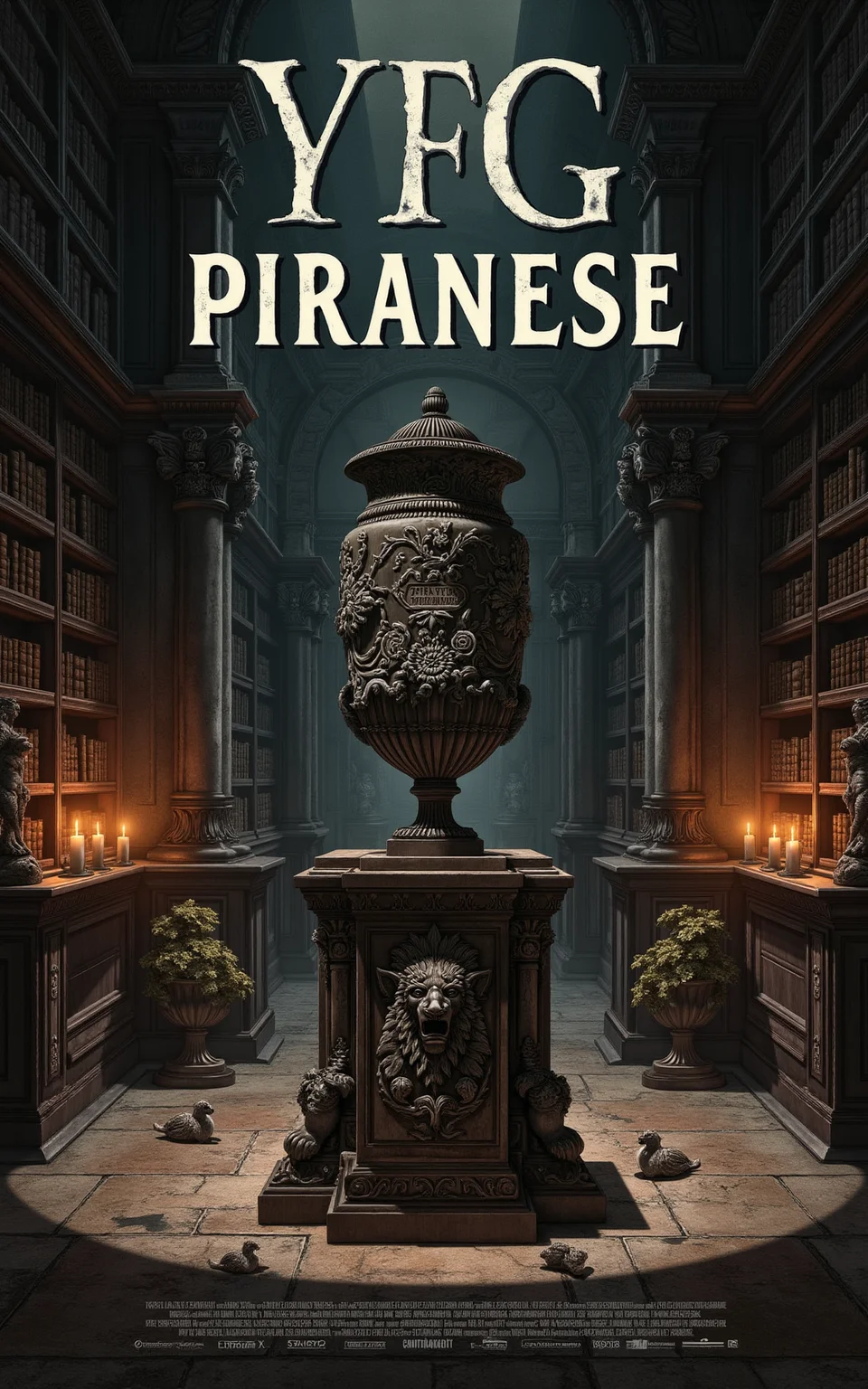 YFG-Pira. (((Large poster style title with the words "YFG Piranese":2))), Create an image of a dimly lit, 18th century-inspired study with rows of dusty bookshelves and ornate stone walls, illuminated only by a faint glimmer of candlelight casting deep shadows; in the center of the room, a beautifully crafted, antique Italian vase stands atop a worn, wooden pedestal, its delicate etched patterns reflecting off the soft glow of the candles as it casts a long, ominous shadow across the floor towards a Gothic-style stone fountain in the background, where water gently flows from the mouth of a carved lion's head into a small pool surrounded by intricately patterned flower pots and statues; the overall mood is one of aged grandeur and subtle decay.