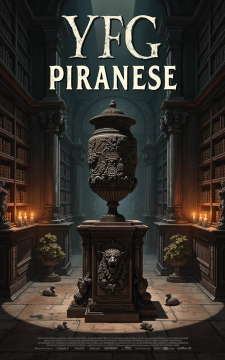 YFG-Pira. (((Large poster style title with the words "YFG Piranese":2))), Create an image of a dimly lit, 18th century-inspired study with rows of dusty bookshelves and ornate stone walls, illuminated only by a faint glimmer of candlelight casting deep shadows; in the center of the room, a beautifully crafted, antique Italian vase stands atop a worn, wooden pedestal, its delicate etched patterns reflecting off the soft glow of the candles as it casts a long, ominous shadow across the floor towards a Gothic-style stone fountain in the background, where water gently flows from the mouth of a carved lion's head into a small pool surrounded by intricately patterned flower pots and statues; the overall mood is one of aged grandeur and subtle decay.