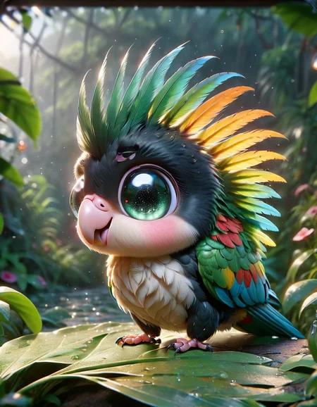 colorful parrot, playful , (ruffed feathers:1.2), dawn, dew, jungle, rain, windy storm, dark, calm, slumber incoming, back-light, silhouette, filigree shadows <lora:ral-smolinzect:1> ral-smolinzect