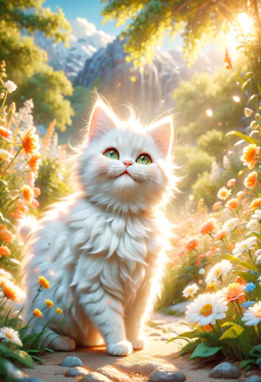 ral-fluff,<lora:ral-fluff:1>,
masterpiece,best quality,original,official art,cat,flower,blurred background,cartoon rendering,beautiful detailed glow,(detailed ice),beautiful detailed sun,sunny, flower, happy, big grin,