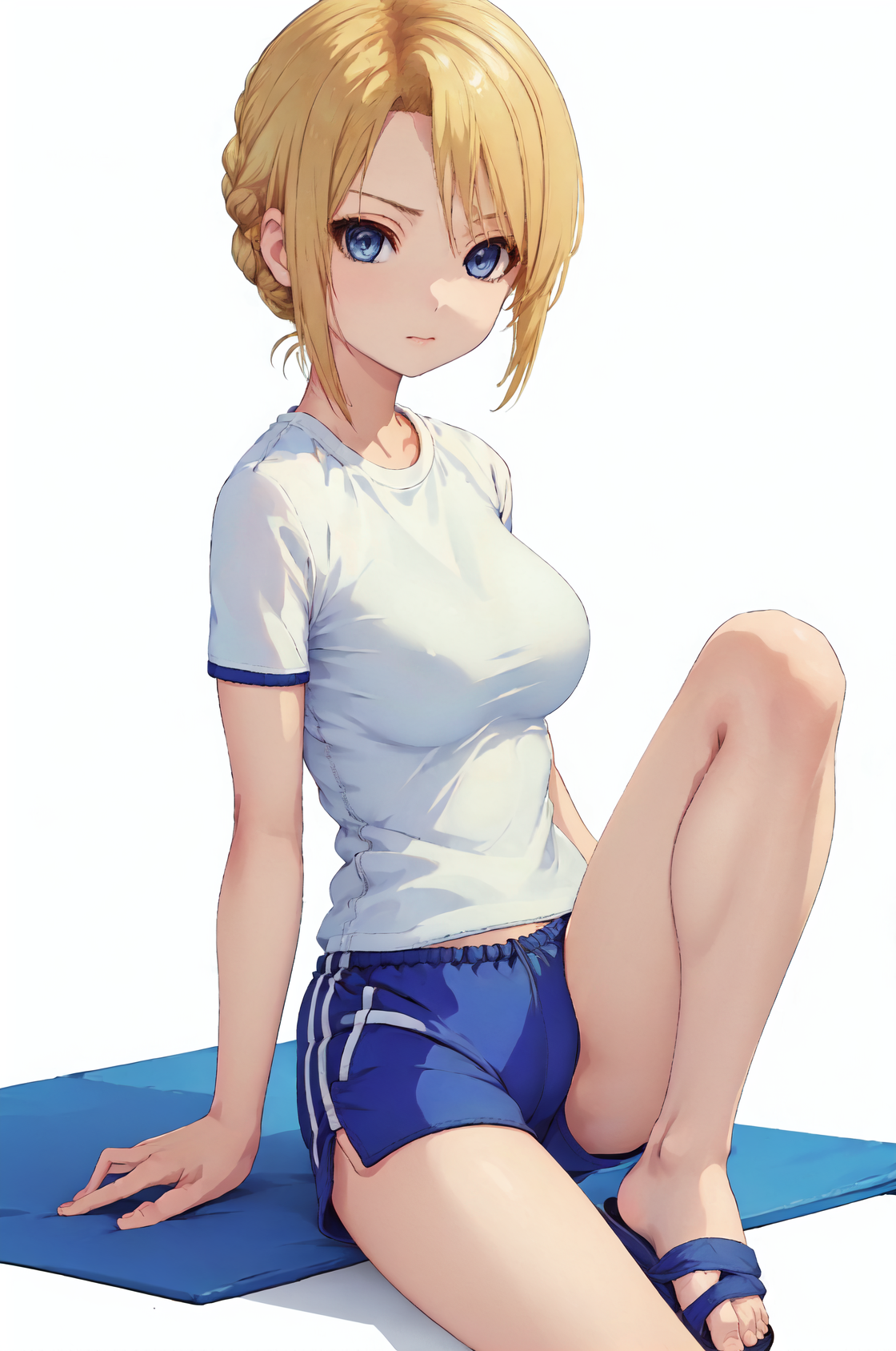ceciliaPangya, blonde hair, short hair, blue eyes, medium breasts
startSet, sandals, white shirt, gym uniform, blue shorts,
sitting on floor,
looking at viewer, 
((white background)),
 <lora:ceciliaPangyaV1.2-000006:0.8>