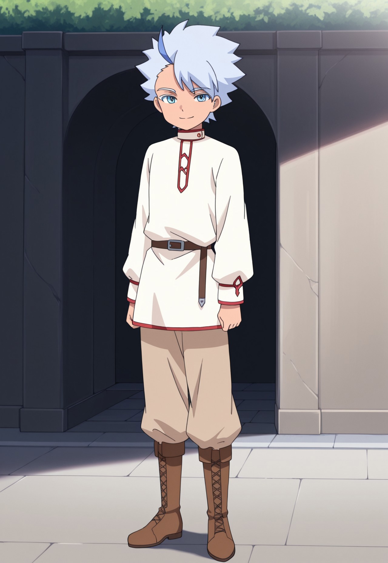 masterpiece,best quality,amazing quality, source_anime,

FroyGirikanan, 1boy, male focus, solo, blue eyes, multicolored hair, grey hair, blue hair, tunic, white tunic, long sleeves, pants, brown pants, boots, brown footwear, cross-laced footwear  smile,

outdoor,