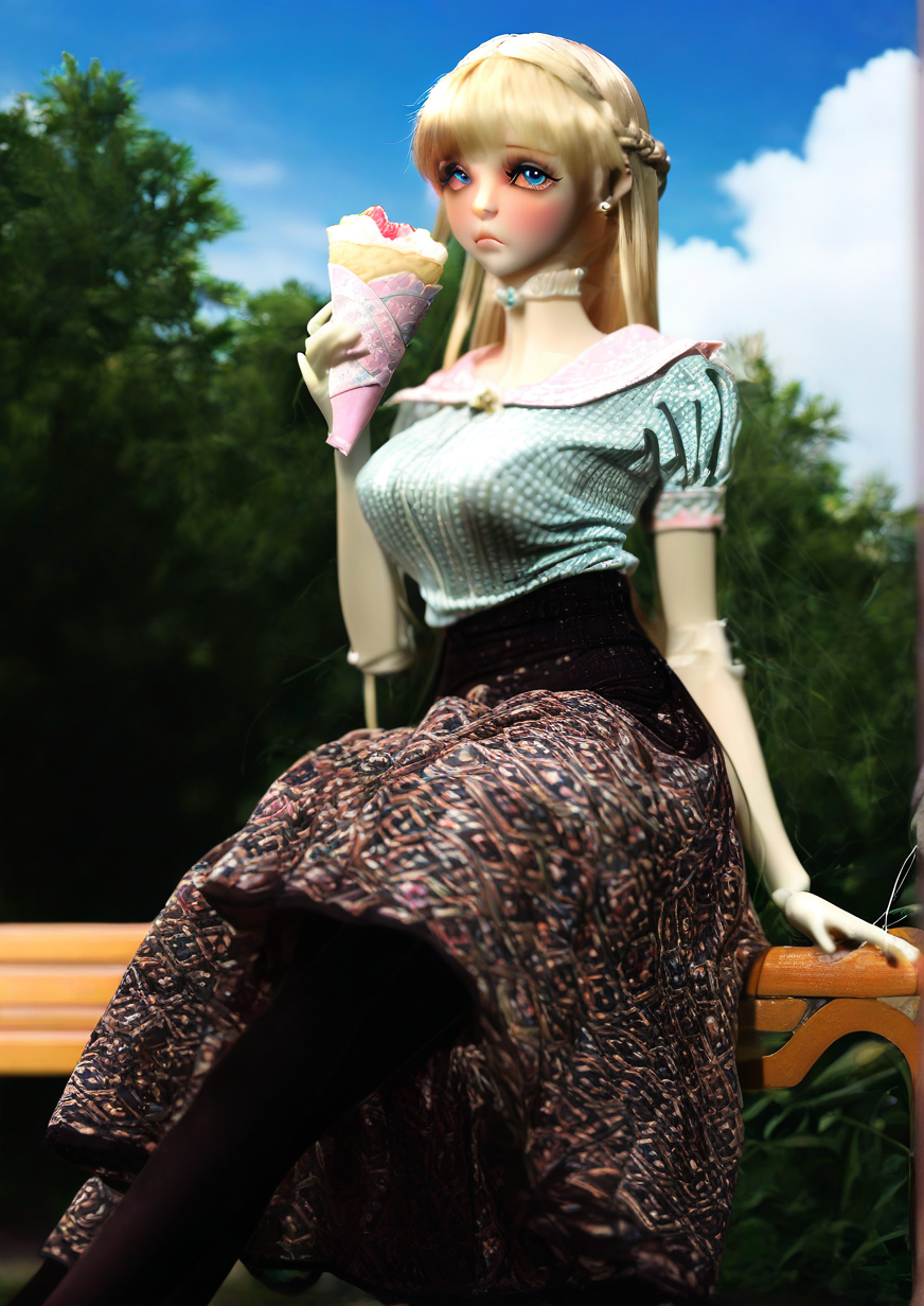 <lora:GRANADO:1.4>,1girl, huge breasts, detailed background, nomal style, bench, black pantyhose, blonde hair, blue eyes, blue sky, blush, braid, closed mouth, cloud, crepe, day, earrings, eating, food, french braid, hat, holding, jewelry, long hair, looking at viewer, outdoors, pantyhose, short sleeves, signature, sitting, sky, solo, tree, unmoving pattern, 
very awa, masterpiece, best quality, highres, absurdes,amazing quality