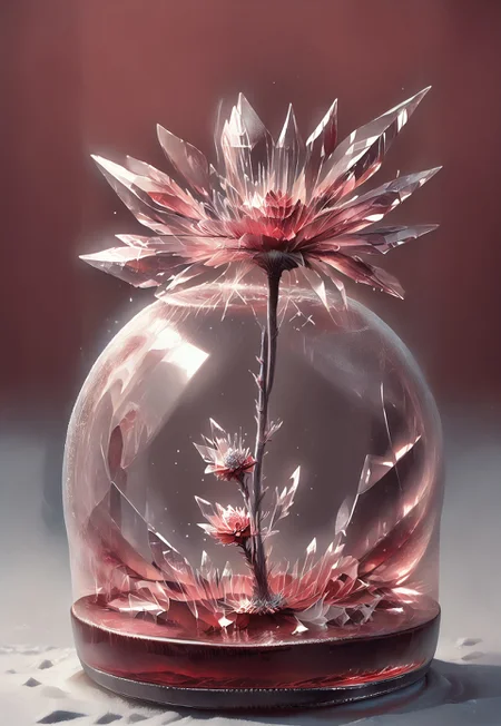 score_9_up, score_8_up, score_7_up, fr0stwrld, ice flower, Quartz crystal, red glass crystal rose within a snow globe