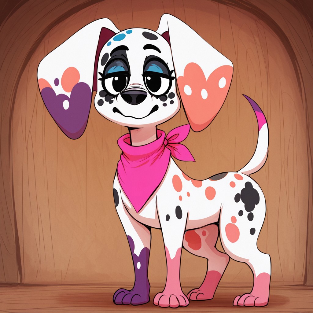 sunib3, SB, SB, masterpiece, best quality, amazing quality, Da_vinci, Solo, 1girl, feral, dog, dalmatian, white fur, pink paw, purple paw, snout, black nose, black spots, colored spots, colored paws, colored tail, thin tail, large ears, black eyes, black nose, pink bandana, full body, looking at viewer, standing, front view, from the front, detailed, from the front, frontal,