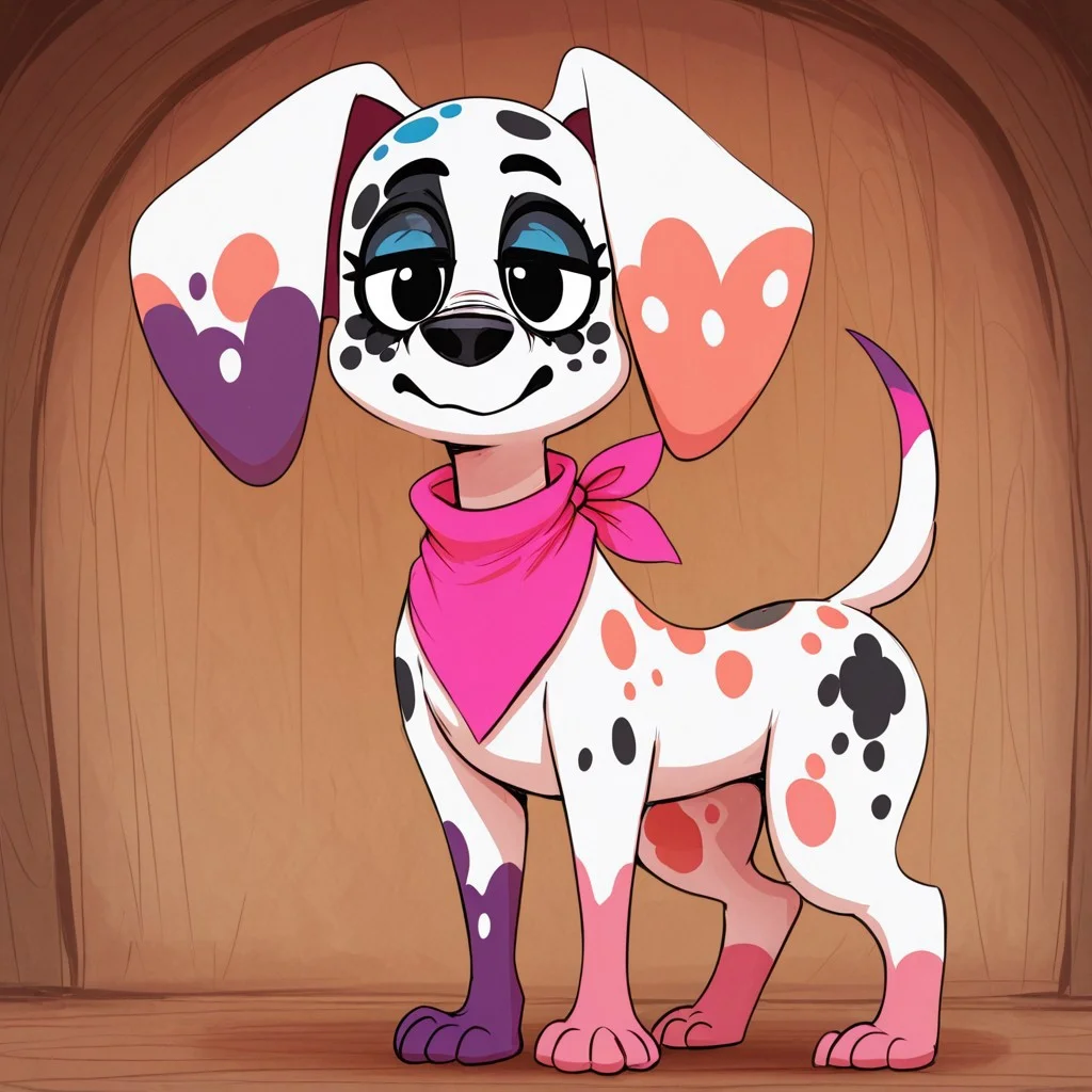 sunib3, SB, SB, masterpiece, best quality, amazing quality, Da_vinci, Solo, 1girl, feral, dog, dalmatian, white fur, pink paw, purple paw, snout, black nose, black spots, colored spots, colored paws, colored tail, thin tail, large ears, black eyes, black nose, pink bandana, full body, looking at viewer, standing, front view, from the front, detailed, from the front, frontal,