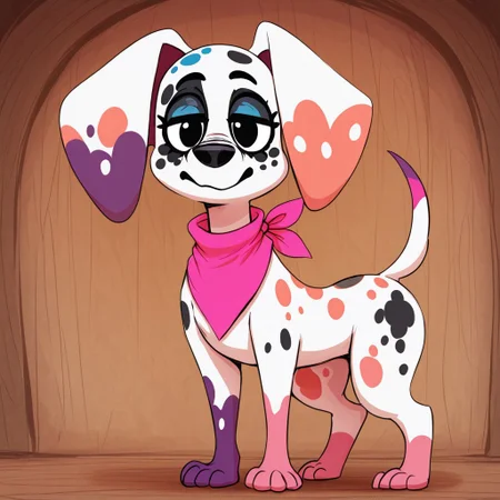 sunib3, SB, SB, masterpiece, best quality, amazing quality, Da_vinci, Solo, 1girl, feral, dog, dalmatian, white fur, pink paw, purple paw, snout, black nose, black spots, colored spots, colored paws, colored tail, thin tail, large ears, black eyes, black nose, pink bandana, full body, looking at viewer, standing, front view, from the front, detailed, from the front, frontal,