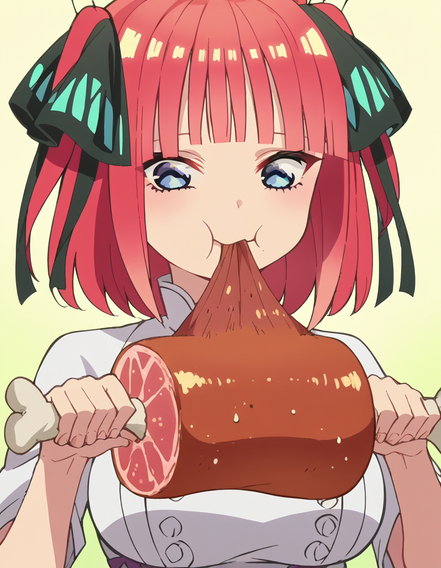 score_9, score_8_up, score_7_up, source_anime, <lora:nnakano-s2-ponyxl-lora-nochekaiser:1>, short hair, bangs, blue eyes, hair ornament, hair ribbon, pink hair, blunt bangs, two side up, butterfly hair ornament, large breasts, anime screencap,, <lora:boned-meat-ponyxl-lora-nochekaiser:1>, boned meat, holding, food, eating, holding food,, ,