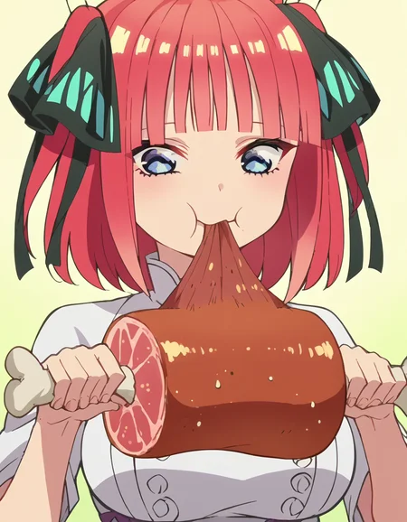 score_9, score_8_up, score_7_up, source_anime, <lora:nnakano-s2-ponyxl-lora-nochekaiser:1>, short hair, bangs, blue eyes, hair ornament, hair ribbon, pink hair, blunt bangs, two side up, butterfly hair ornament, large breasts, anime screencap,, <lora:boned-meat-ponyxl-lora-nochekaiser:1>, boned meat, holding, food, eating, holding food,, ,