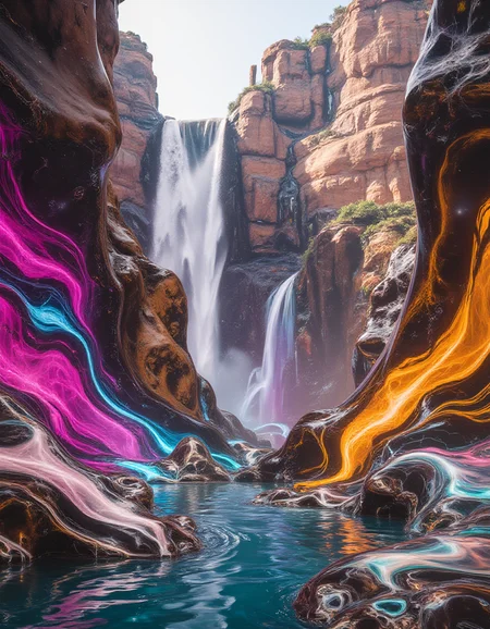 A vast canyon filled with cascading waterfalls, where the flowing water appears as liquid marble. The falls shimmer with dynamic, wavy patterns of neon pink, cobalt blue, and golden orange, as if the marble itself is alive and flowing. Surrounding rock formations glisten with a metallic finish, reflecting the pulsating light. Pools at the base of the waterfalls ripple with iridescent hues, creating a mesmerizing kaleidoscopic effect as the sunlight filters through the misty air.
<lora:ral-lqdmrbls-flux_000004000:1>