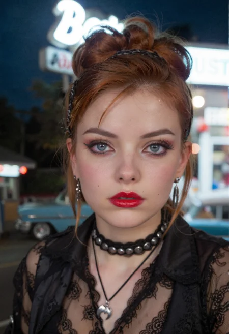 cinematicportrait showing slim bosnian 1girl, 18yo, with sorrowful amber downturned eyes and bow-shaped lips with an inquisitive expression. She has long auburn updo hair and goth makeup featuring shades of crimson and bold eyeliner with lipstick, wearing used-look lace tied flannel shirt accompanied by earrings as well as a multi-layer necklace. Set in a 50s vintage diner with neon lights, decorated with a classic sky blue cadillac with reflective accents in pristine condition on display, on a dark clear autumn night. With hard backlighting, film grain, bokeh, dynamic angle, authentic   <lora:dmd2_sdxl_4step_lora> <lora:xl_CinematicPortraitXL_v3>