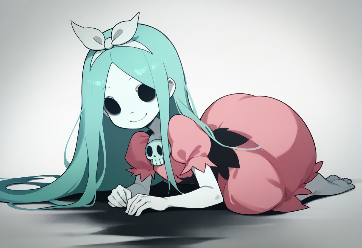 score_9, score_8_up, score_7_up BREAK Dthgrl, 1girl, ghostly appearance, pale skin, black hollow eyes, cyan hair, white bow, pink dress with skull brooch, barefoot, smiling at viewer, solo, solo focus,