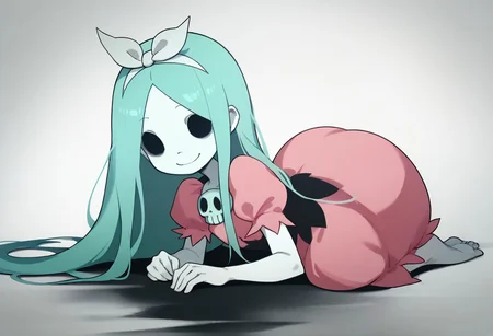 score_9, score_8_up, score_7_up BREAK Dthgrl, 1girl, ghostly appearance, pale skin, black hollow eyes, cyan hair, white bow, pink dress with skull brooch, barefoot, smiling at viewer, solo, solo focus,