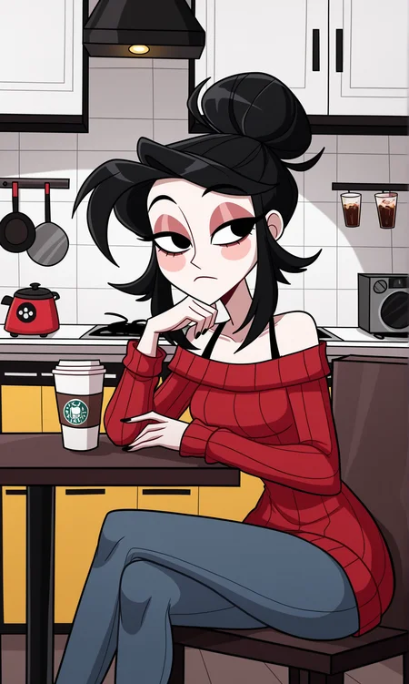 Detailed, details, h4zb1n,
1girl, sits at the table, on kitchen, drinks cup of hot coffee, hair bun, off-shoulder sweater, crossed legs,
<lora:HazbinHotel-Illustrious-000017:1>