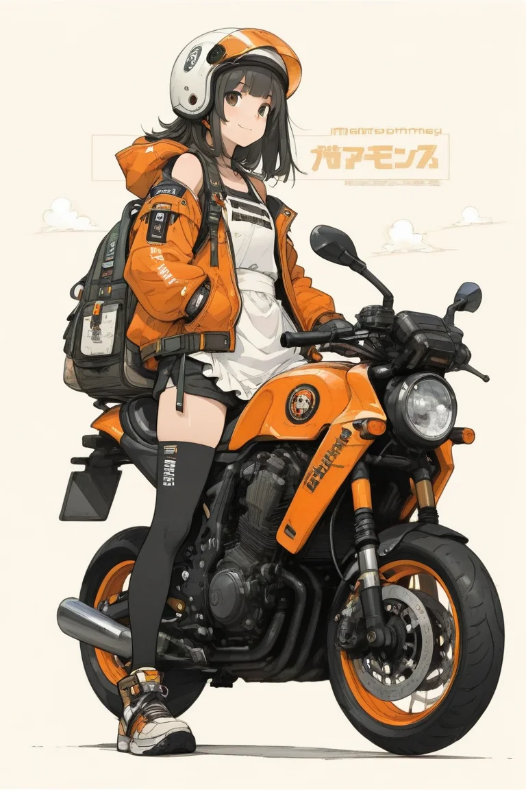 <lora:LCMV2-PONYplus-PAseer:1>
<lora:AniMoto:0.75>
1girl, artist name, bag, bangs, bare arms, bare shoulders, black dress, black hair, black legwear, blunt bangs, border, brown footwear, clothes writing, cloud, emblem, english text, expressionless, eyebrows visible through hair, from side, gloves, ground vehicle, hat, helmet, hood, jacket, logo, long hair, long sleeves, looking at viewer, maid, medium hair, motor vehicle, motorcycle, motorcycle helmet, on motorcycle, orange jacket, rainbow background, riding, shoes, shorts, signature, sitting, skirt, smile, solo, standing, tan background, thighhighs, vehicle focus, white apron, white footwear, white headwear