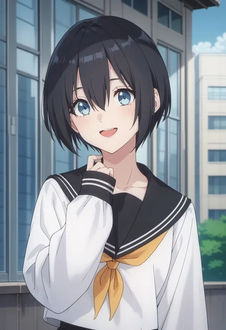 score_9, score_8_up, score_7_up, source_anime, nonoa, black hair, blue eyes, short hair, 1girl, solo, school uniform, smile, serafuku, open mouth, hair between eyes, sleeves past wrists, sailor collar, building, long sleeves, black sailor collar, neckerchief, hand up