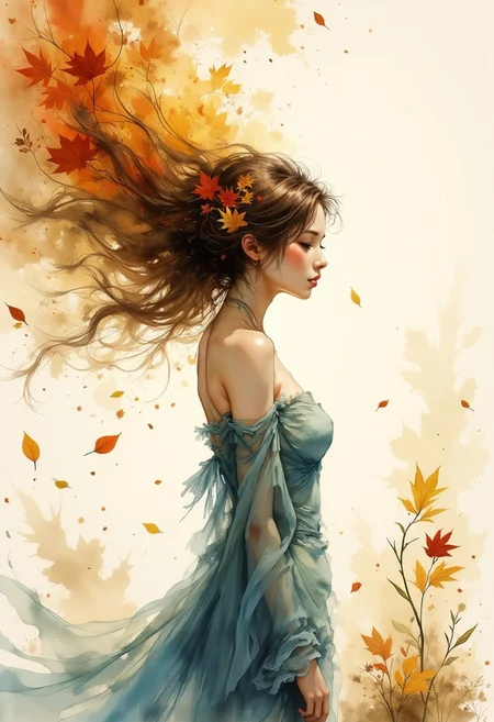 A dinkfsn style ink wash painting of an ethereal embodiment of autumn’s fleeting grace, she stands poised amidst a swirling cascade of golden leaves, her presence as delicate and transient as the season itself. Her honey-brown hair flows in wild, untamed waves, adorned with fiery accents of autumn foliage, each leaf seeming to have chosen its place with purpose. Draped in a flowing, off-the-shoulder dress of pale blue, its gossamer fabric catches the soft light, evoking a sense of timeless elegance and a deep connection to nature’s rhythm. Her expression, both wistful and serene, carries a quiet longing, as though she’s a muse of the changing season, witnessing its beauty while carrying the weight of its impermanence. The golden glow of the leaves contrasts beautifully with the softness of her features, painting a scene that feels like a dream—a moment of autumn’s magic captured in a single breath of wind and light.