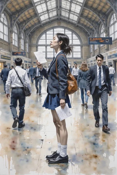 yawc1 watercolor.
Profile of a high school student in uniform, white socks and black shoes, standing in the middle of a train station, holding two acceptance letters--one for a local college and the other for an overseas university. The station is bustling with people moving in every direction, while she stands still, eyes closed, taking a deep breath as she tries to decide which future to follow <lora:yawcolor_nocap_d6a3:1.0> <lora:Flux-Sch-SingleBlocks-BF16:1.0><lora:799113442054222570:0>