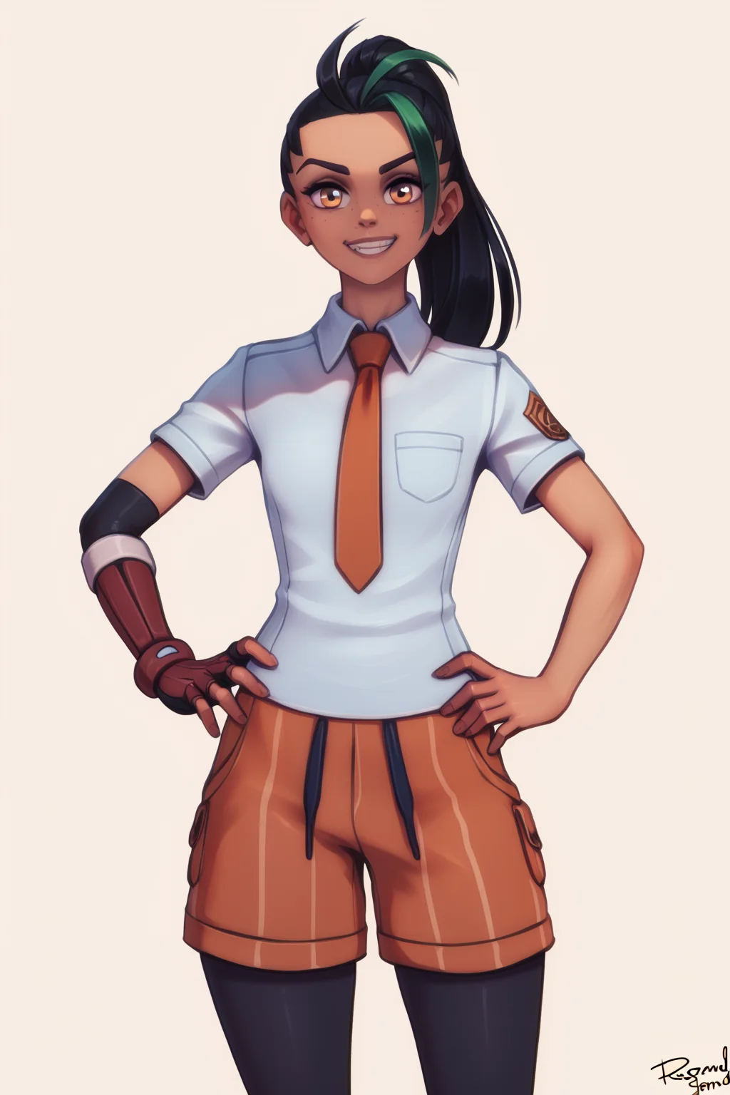 Score_8_up, score_7_up, Score_9, BREAK, 1girl, solo, nemona, naranja academy uniform, white shirt, orange shorts, pantyhose, single glove, orange necktie, smile, looking at viewer, white background, hand on hip, by <personalami><lora:EMS-415330-EMS:0.600000>, <lora:EMS-322220-EMS:1.000000>