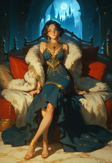score_9, score_8_up, score_7_up, perfecteyes, grey-blue eyes,pillow night, woman,full body ,gold jewellery, castle,dress fluff, A shawl around my shoulders, baroque