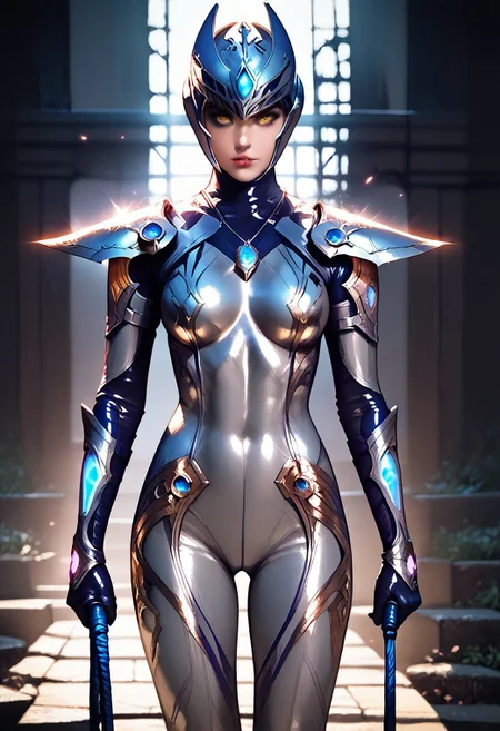 score_9, score_8_up, score_7_up, score_6_up, score_5_up, depth of field,lens flare,realistic,Best quality,masterpiece,ultra high res,rating_explicit,  no hands,
1girl,Carmeara,armor,bodysuit,silver tights,yellow eyes, helmet, gold and silver bodysuit, blue gem,high heels,necklace,bangs,ultraman,tokusatsu,
glowing whip,long whip,holding_whip,whipping action,gorgeous woman whipping, evil face,