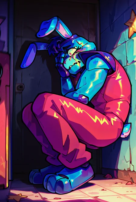<lora:glambon-10:1> glambon, rabbit ears, cyan skin,, male focus, red swim suit, sleeveless, , solo, star (symbol), robot, furry, <lora:sakfsdajfkasd:1> alpharecdyt, backed to corner, cornered, shadow over face, scared, fetal position,, masterpiece, best quality, amazing quality, very aesthetic, absurdres, newest,