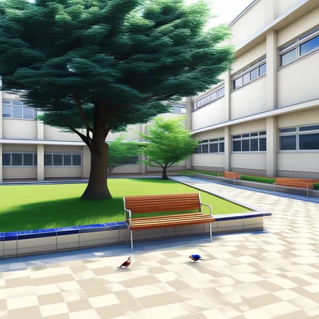 great quality,no humans,(almic,akakura,ogipote,dikko:0.7), (sincos:0.6)  school courtyard,brown bench,white school building, scenery,day, bird,grass,tile ground,,tree