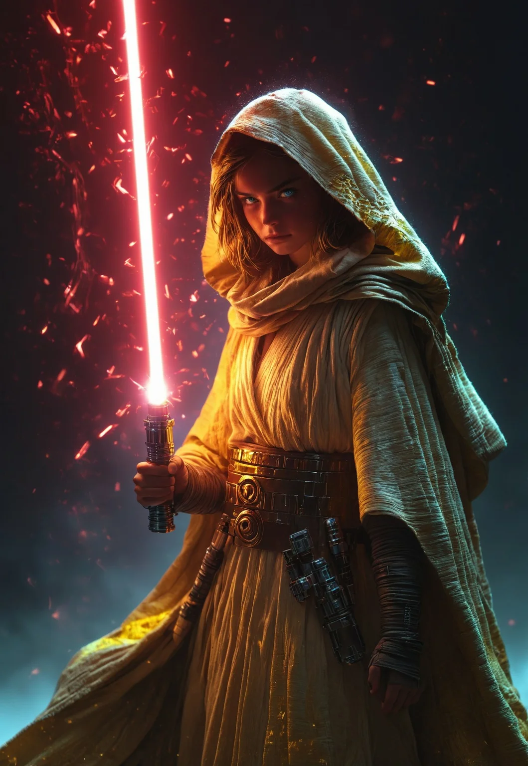 Young and beautiful Jedi Girl, in a extremely dark environment, barely illuminated only by his yellow lightsaber,, Grunge, Hyperrealism, Overhead Lighting, RGB Lighting, Sony A7R IV, Ultra Wide Angle Lens, Dark Colors, Gold, Liquid Crystal, Optical Fiber, Fantasy, Quasar Quilt Backdrop, Prism Effect, 8k, By Roy Lichtenstein, midjourneyv6.1, LegendDarkFantasy