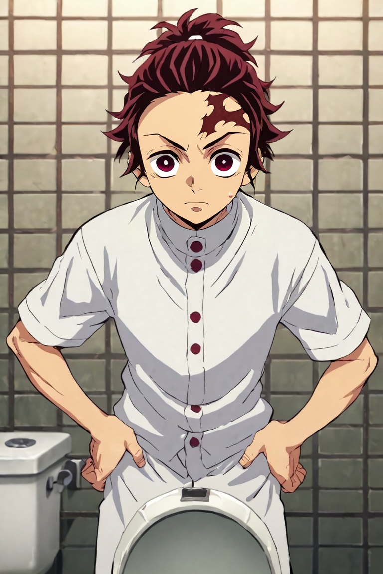 score_9, score_8_up, score_7_up, score_6_up, score_5_up, score_4_up, BREAK source_anime, anime screencap, , official style, looking at viewer, upper body, , 1boy, solo, male focus, <lora:tanjirou_kamado_pony:0.88>, tanjirou_kamado, red hair, red eyes, ponytail, , , , , toilet stall, Hands on hips, displaying impatience, <lora:sdxl_lightning_8step_lora:1>