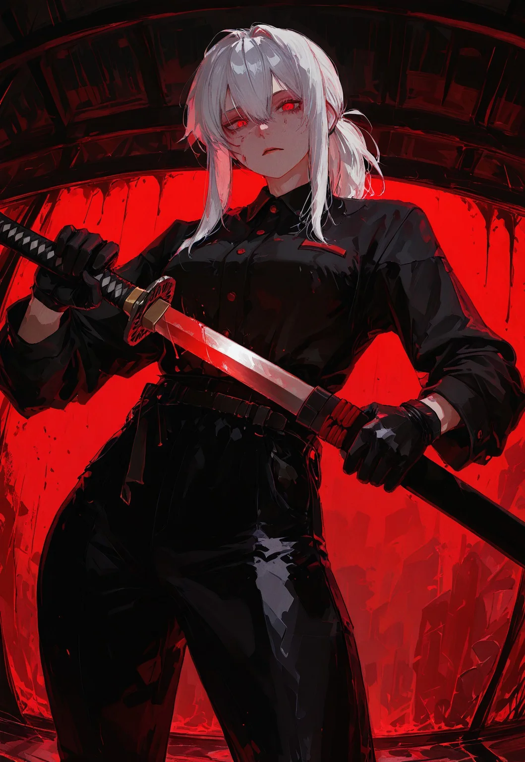safe_pos, 96YOTTEA, 1girl, solo, looking at viewer, white hair, hair between eyes, long side locks, slightly disheveled hair, red eyes, ponytail, black shirt with buttons, black gloves, weapon, black jeans, holding katana, black thighsocks, blood, katana, sheath, fighting stance, darkness, red gradient, calm hate, numb emotions, tired eyes, medium breasts, unsheathing katana, about to attack, dutch angle, perspective, fisheye effect, close-in, focus on blade, shiny blade, easynegative, bad_prompt_version2