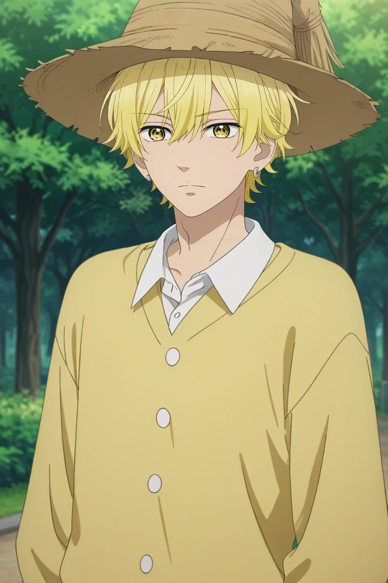 score_9, score_8_up, score_7_up, , rating_safe, , anime screencap, anime coloring, official style, , 1boy, solo, male focus, <lora:kai_miura_pony:0.9>, kai_miura, blonde hair, yellow eyes, short hair, bangs, hair between eyes, , , , , scarecrow costume, <lora:sdxl_lightning_8step_lora:1>