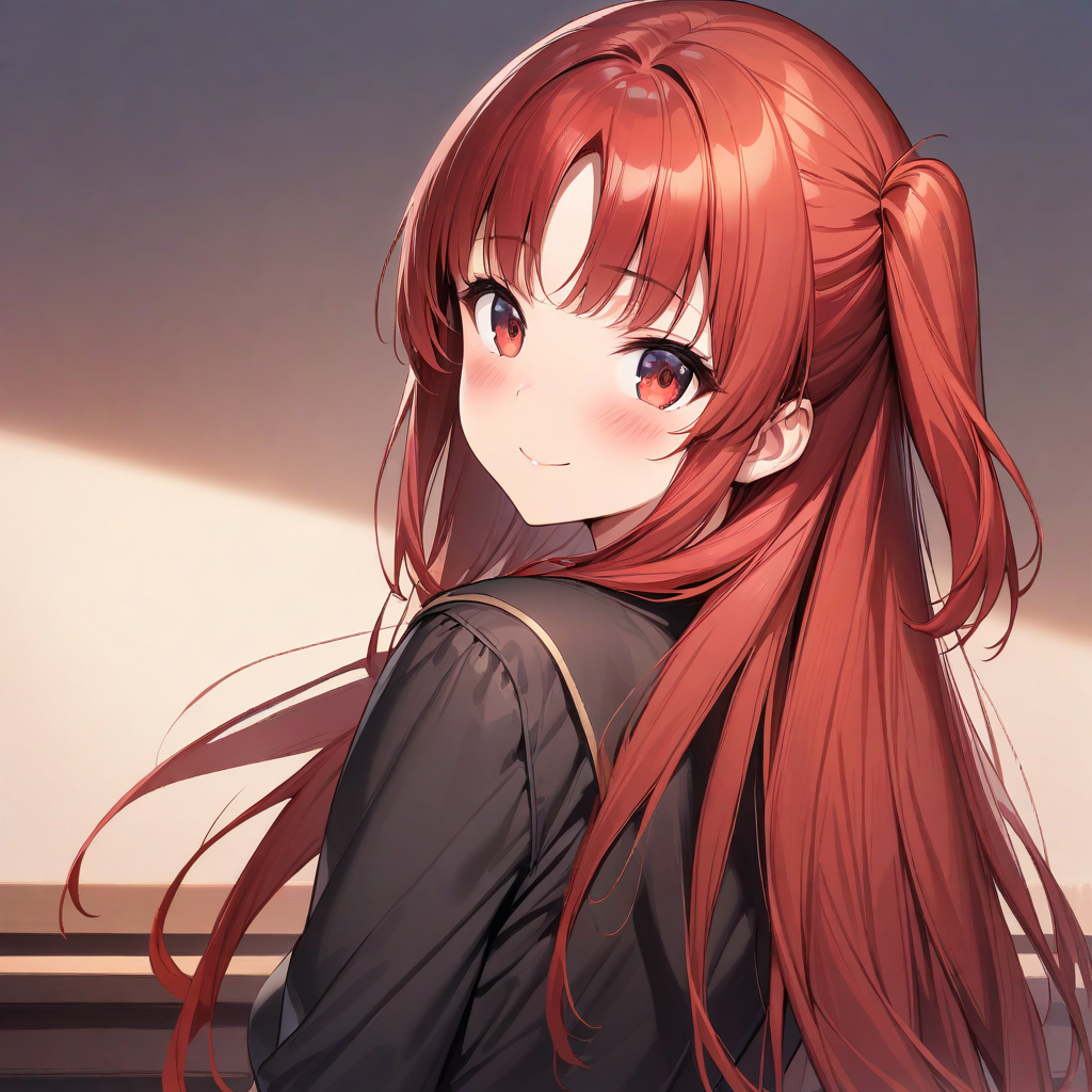 (masterpiece),(best quality),(ultra-detailed),(best illustration),(best shadow),(absurdres),(detailed background),(very aesthetic), chtholly(sukasuka), 1girl, solo, red eyes, smile, long hair, red hair, looking at viewer, bangs, closed mouth, looking back, blush, one side up, black jacket, gradient background, upper body, jacket <lora:XL-Chtholly:1>