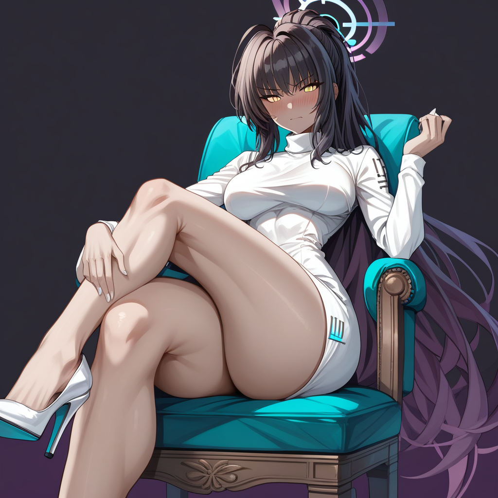 score_9, score_8_up, score_7_up, source_anime, expressive, anime, Artist speedlines, dynamic, Basic Instinct Pose, B4sic1nstinctP0se, basic_instinct_(movie),  1woman, (Karin_(Blue Archive)), (dark-skinned_female:1.2), yellow eyes, looking at viewer, facing viewer, dress, turtleneck, sitting, on_chair, crossed_legs, bare_legs, high_heels, blush, blushing, embarrassed, dark background