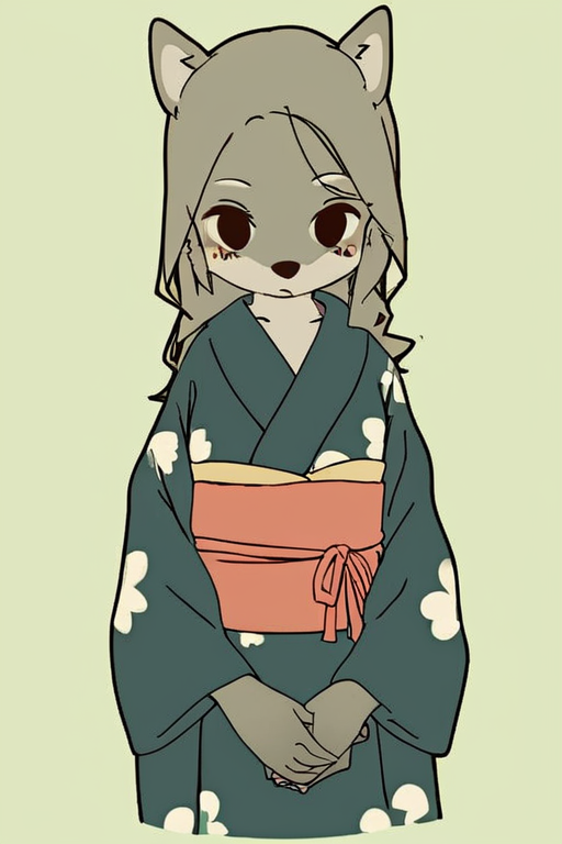 furry,by yagi the goat,Grey Wolf,Grey Wolf girl,Wolfy girl,Grey fur,Grey hair,long hair,Short stature,Skinny body,solo,Short stature,Skinny body,score_9,score_8_up,score_7_up,(cute expression, cute face:1.1),simple background,looking at viewer,blush,early teen,print_kimono,furisode,obi,sash,flat chest,<lora:Yagi_the_Goat_ai:1>,