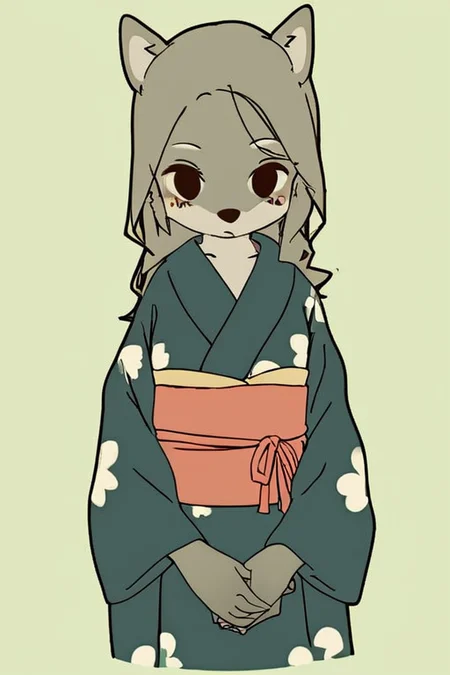 furry,by yagi the goat,Grey Wolf,Grey Wolf girl,Wolfy girl,Grey fur,Grey hair,long hair,Short stature,Skinny body,solo,Short stature,Skinny body,score_9,score_8_up,score_7_up,(cute expression, cute face:1.1),simple background,looking at viewer,blush,early teen,print_kimono,furisode,obi,sash,flat chest,<lora:Yagi_the_Goat_ai:1>,