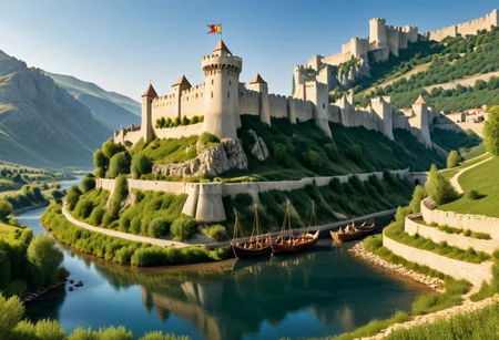 ultra realism, realistic image with high quality 8k and above, stable focus on an extremely breathtaking natural landscape from the Middle Ages, on an ancient knight's fortress built in the mountains and next to it there is a village with houses made of stone, wood, castle, ruins, fortress, castle, village , stone and wooden houses, tents, awnings, rocks, horses, full water river. boats, dense vegetation, protective wall around the village and the fortress, road, period middle ages, chivalric symbols, christian temple, road, in countries along the road medieval fighters dressed in traditional clothing typical of the middle ages in europe, color balance, golden hour,