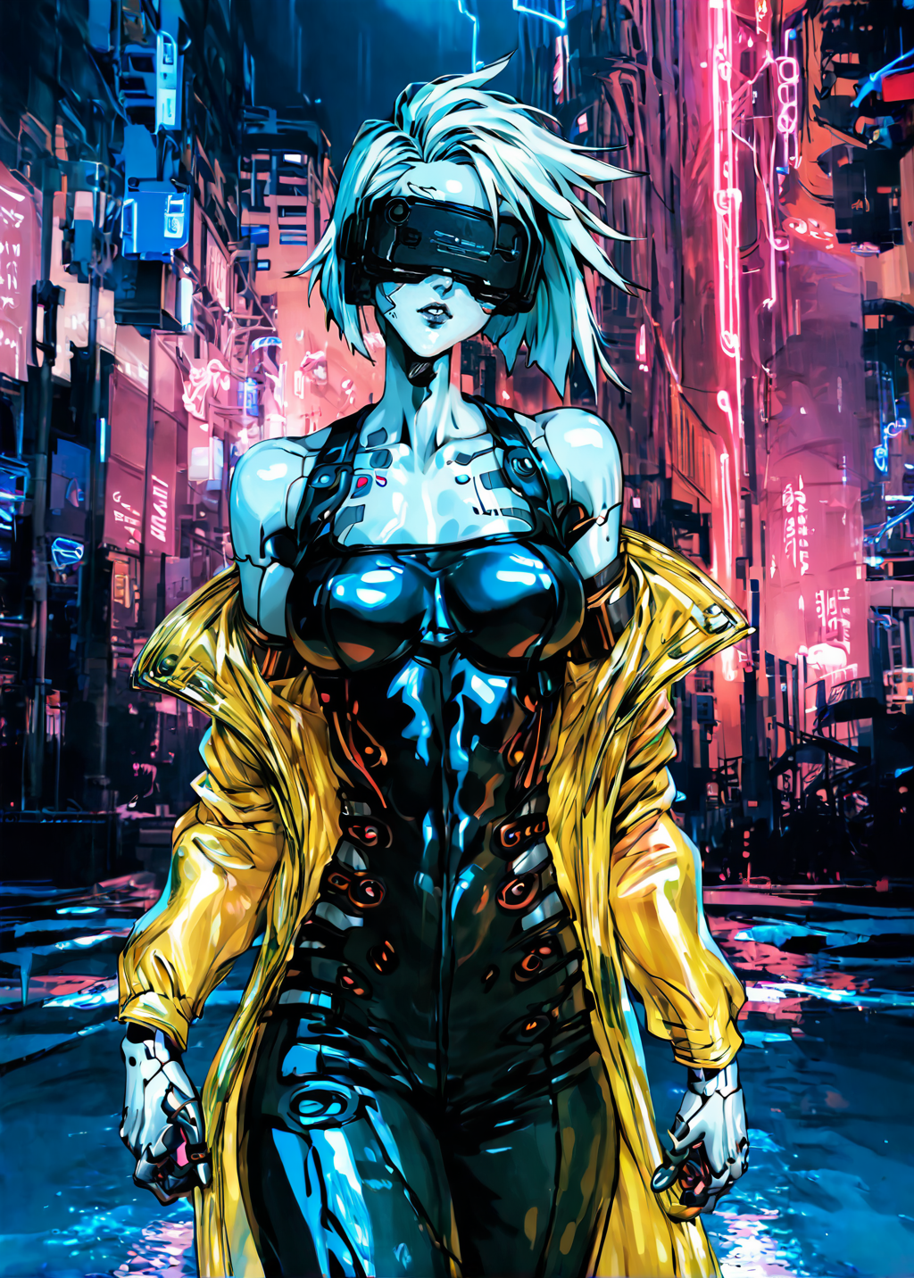 nahiri, short tomboy hair, clear raincoat, cyberpunk, wearing a vr headset, shiny skin, walking in a cyberpunk dystopian city at night in the poruing rain, illuminated by neon lights  <lora:masamune shirow_pony:1> solo, 1girl, cyborg,  <lora:NAHIRI:1>, 1girl, solo, short hair, breasts, bare shoulders, white hair, colored skin, white skin steamy body,, source_anime, score_9_up,  score_7_up, score_8_up