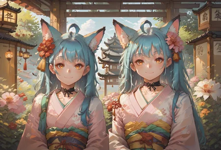 <lyco:locon-adamw8bit-r2:1> 2girls, ahoge, animal ear fluff, animal ears, aqua hair, architecture, bangs, black choker, blue hair, brown eyes, choker, closed mouth, extra ears, floral print, flower, fox ears, hair flower, hair ornament, japanese clothes, kimono, lantern, light smile, long hair, looking at viewer, multiple girls, obi, outdoors, pink kimono, ribbon choker, sash, siblings, sisters, smile, upper body, white kimono, yellow eyes, yukata
BREAK source_anime, score_9, score_8_up, score_7_up, score_6_up, score_5_up, score_4_up, very aesthetic, absurd res, (expert shading, flat colors), eye focus, (traditional media:0.6), official art,