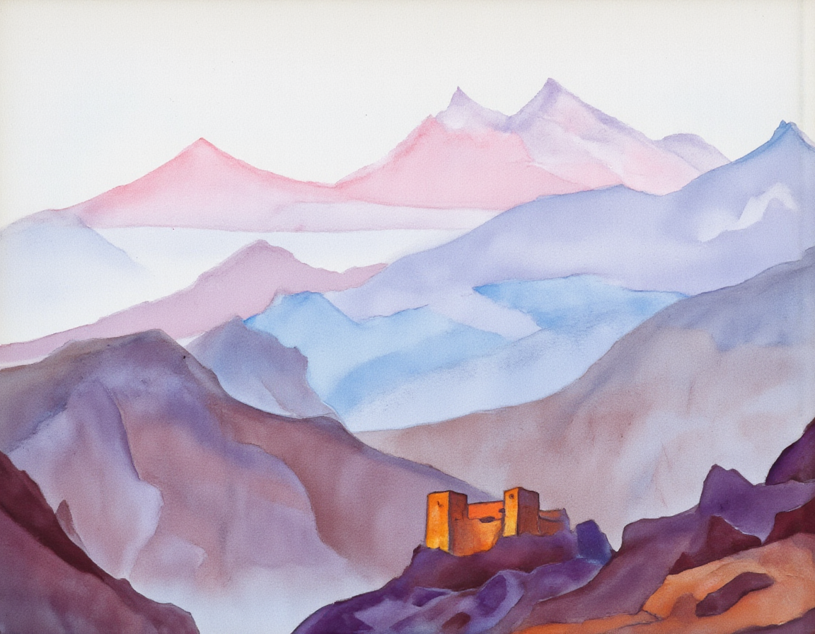<lora:rerikh:1>, This image is a watercolor painting depicting a surreal landscape. The scene features a castle-like structure with a square tower situated on a rocky outcrop in the lower left quadrant. The castle is rendered in a warm, glowing orange hue, contrasting with the cool, muted colors of the surrounding landscape. The outcrop and castle are surrounded by a mix of dark purple and brownish tones, giving the impression of rugged terrain.
The background is dominated by a series of layered, abstracted mountain ranges. These mountains are rendered in soft pastel shades of blue, pink, and lavender, creating a dreamlike atmosphere. The mountains are depicted with a gradient effect, with the lower ranges appearing closer and more detailed, while the higher peaks are more abstract and distant.
The overall color palette is dominated by cool tones, with warm accents from the castle and outcrop. The watercolor medium gives the painting a textured, fluid quality, with visible brushstrokes and a slightly translucent quality to the colors. The artist uses a combination of wet-on-wet and dry brush techniques, creating a blend of soft edges and sharp contrasts. The scene is devoid of human figures or other elements, focusing entirely on the castle and the surreal mountainous backdrop.
