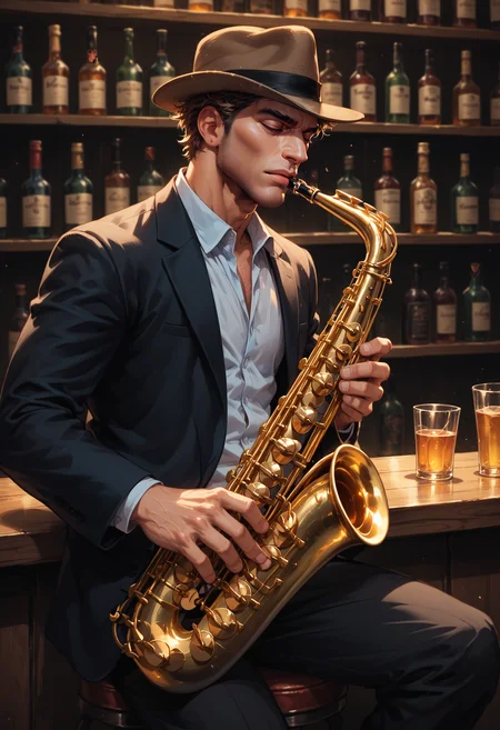 score_9, score_8_up, score_7_up, score_6_up, score_9, score_8_up, score_8, 1man, muscular, SH_S4X, bar, instrument, solo, solo focused, fedora, eyes closed, playing instrument, <lora:Sheeps_Saxophone:0.8>