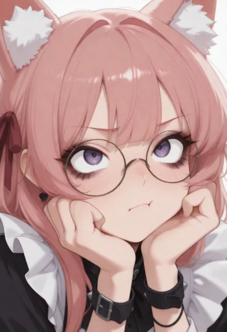 1girl, CivChan, solo, animal ears, animal_ear_fluff, (red fluff:1.3), round eyewear, glasses, blunt bangs, blush, skull cameo accents, pale skin, smoky eyeshadow, black eyeliner, doll-like blush, bracelet, earrings, hair ribbon, red ribbon, long hair, pink hair, purple eyes, punk, spikes, collar
BREAK
(close-up:1.4), pout, :t, looking up at viewer, eyelashes, bags under eyes
BREAK
<lora:GUXLlokr8f:0.32>, masterpiece, best quality, very aesthetic, underlightling, white background, simple background,<lora:cgel-style-richy-v1_ixl:1>