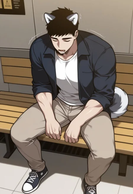 masterpiece, best quality, amazing quality, very aesthetic, absurdres, newest, detailed background, warm natural lighting, lively and bustling atmosphere, background details visible, shiny skin, indoor, train station, chinese background, 
hyunsunglee, 1boy, solo, male focus, short hair, sleeping, muscle body, t-shirt, blazer, brown pants, sneaker, saliva, sitting on bench, motion lines, twitching, ((dog ear:1.2), (dog tail:1.2), husky)
